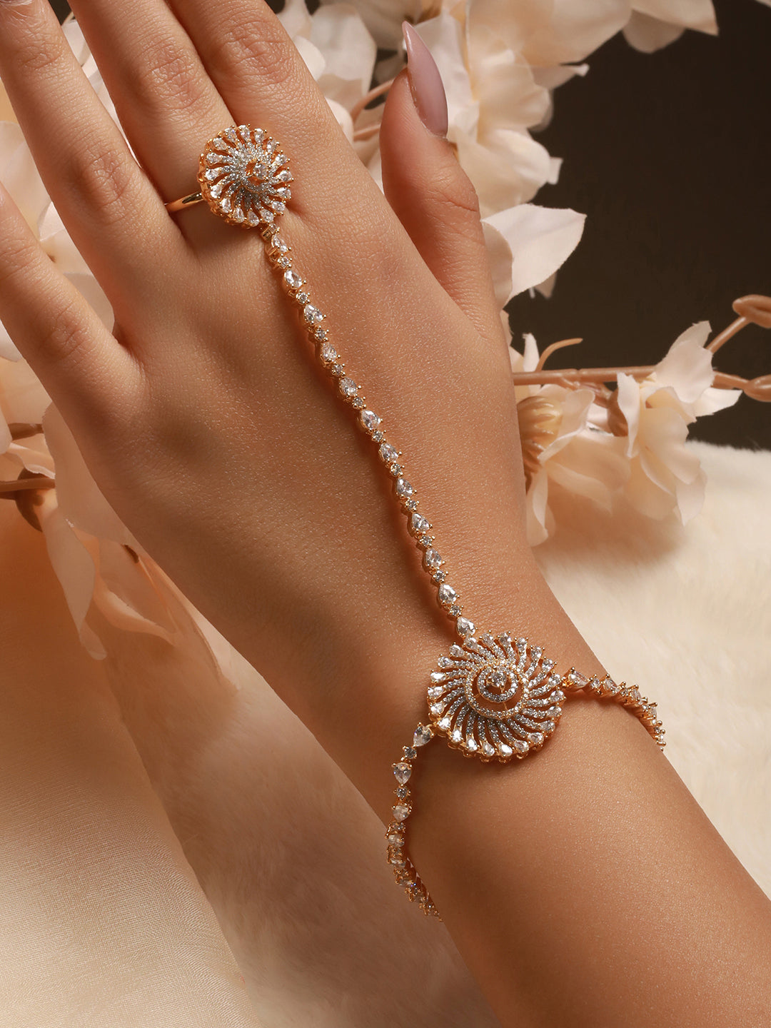 Gold Toned CZ Zircon Studded Designer Bridal Ring Bracelet Hathphool